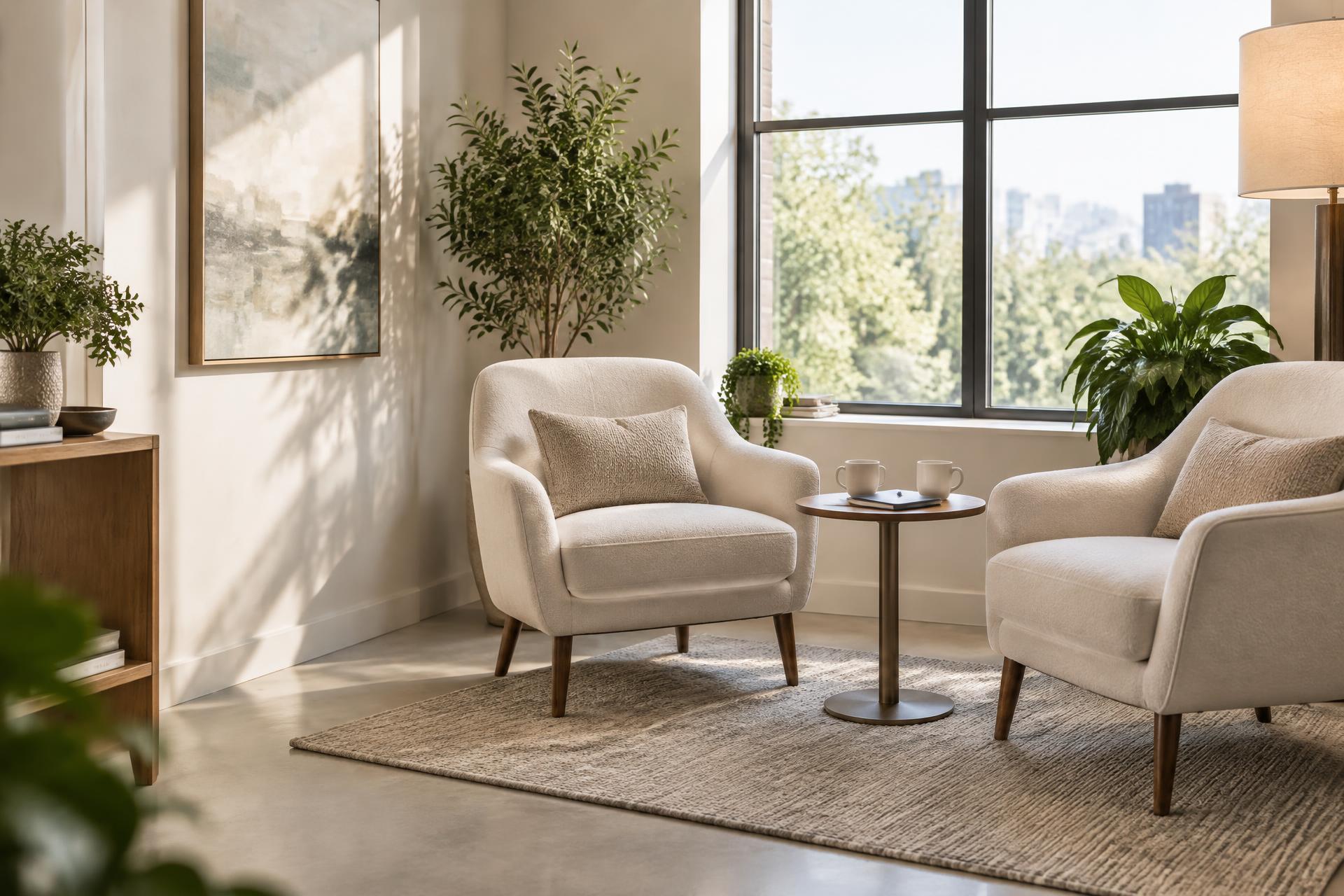 Two chairs and a small table in a bright consultation space