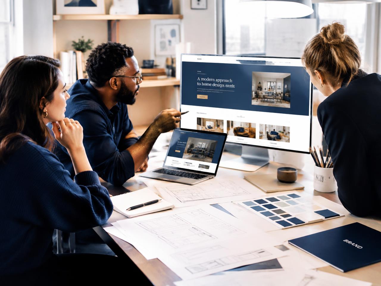 Creative team reviewing a new website design on a monitor and laptop